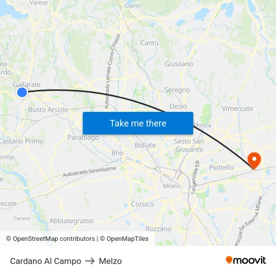 Cardano al Campo to Melzo map