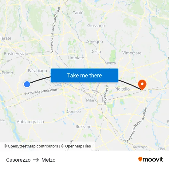 Casorezzo to Melzo map