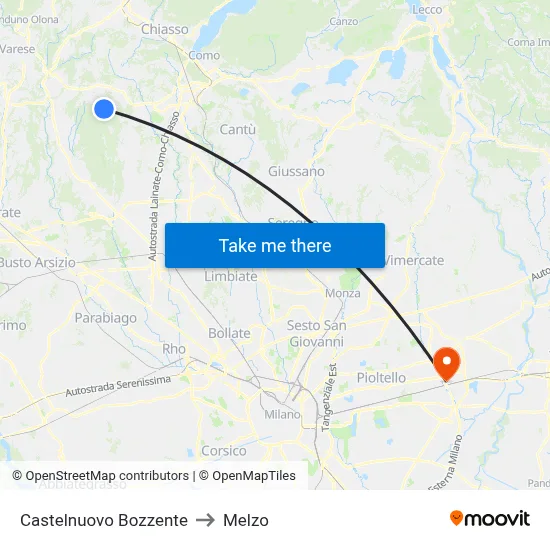 Castelnuovo Bozzente to Melzo map