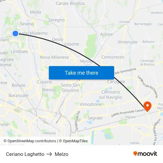 Ceriano Laghetto to Melzo map