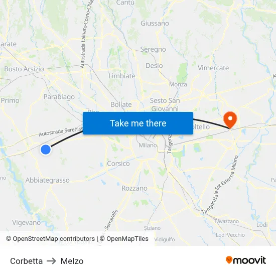 Corbetta to Melzo map