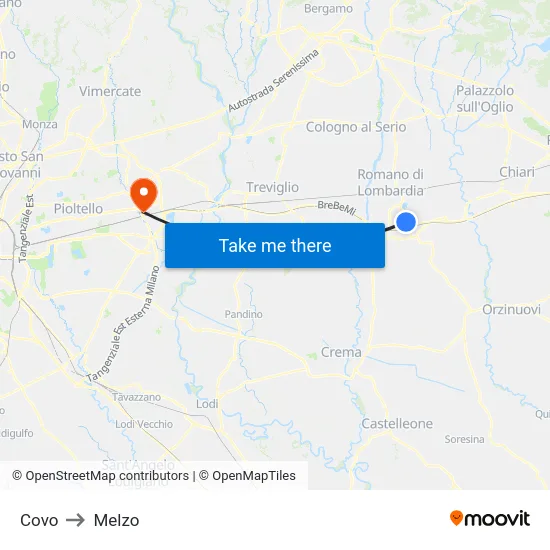 Covo to Melzo map