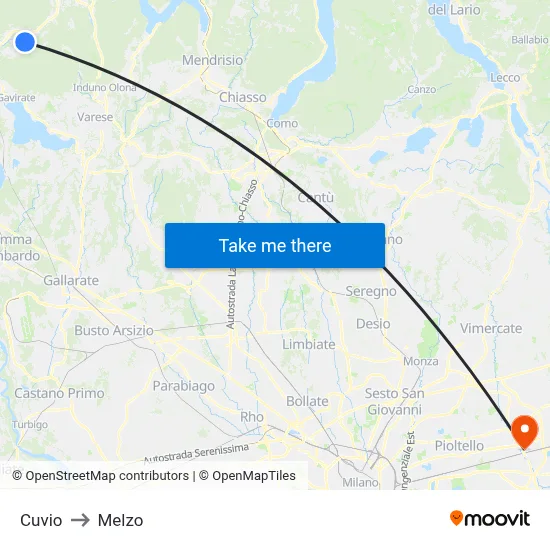Cuvio to Melzo map
