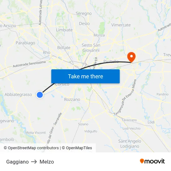 Gaggiano to Melzo map