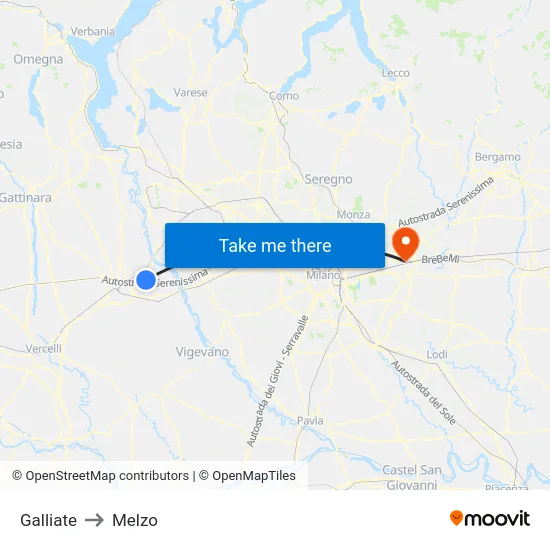 Galliate to Melzo map
