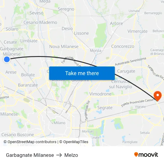 Garbagnate Milanese to Melzo map