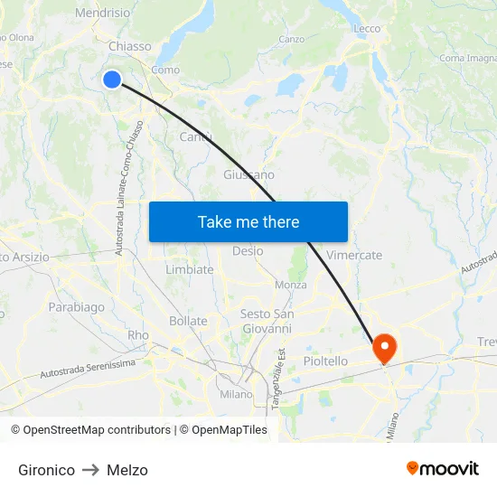 Gironico to Melzo map