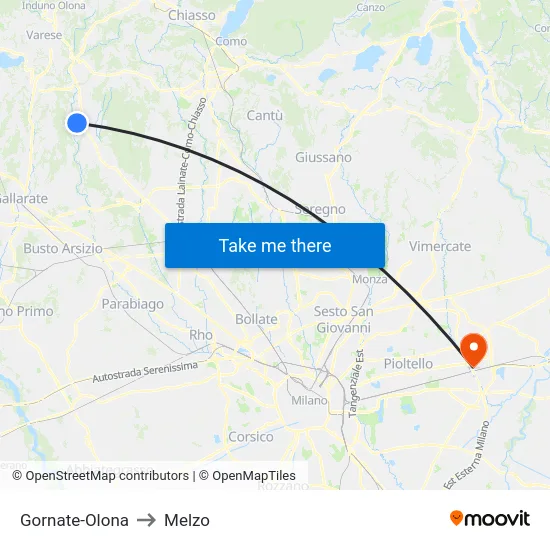 Gornate-Olona to Melzo map