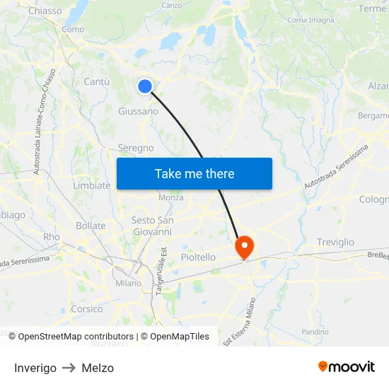 Inverigo to Melzo map