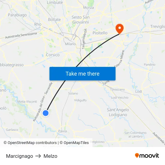 Marcignago to Melzo map