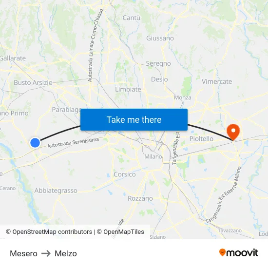Mesero to Melzo map