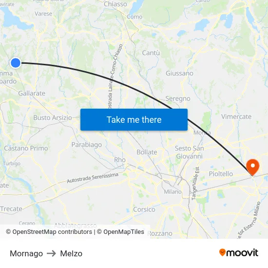 Mornago to Melzo map