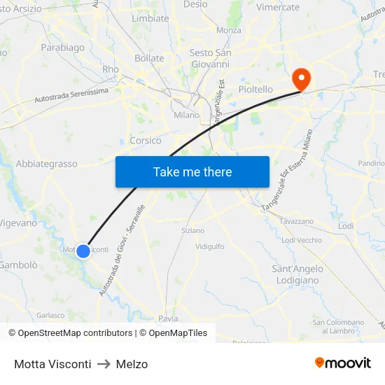 Motta Visconti to Melzo map