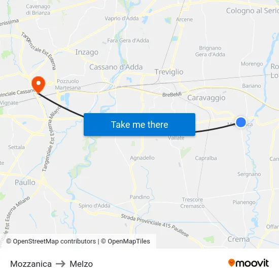 Mozzanica to Melzo map