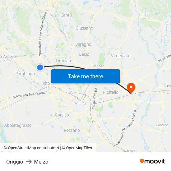 Origgio to Melzo map