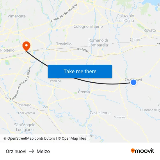 Orzinuovi to Melzo map
