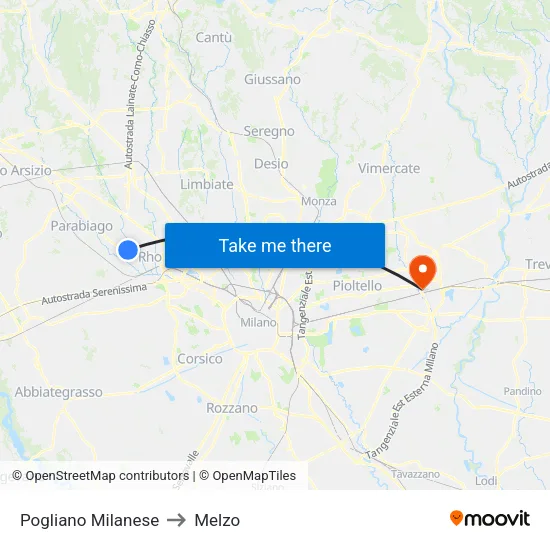 Pogliano Milanese to Melzo map