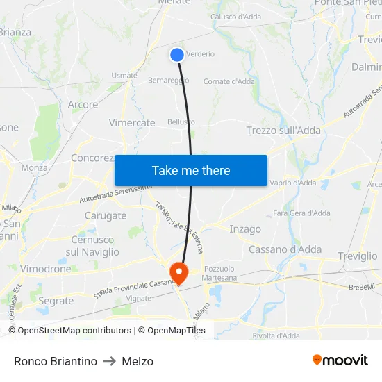 Ronco Briantino to Melzo map