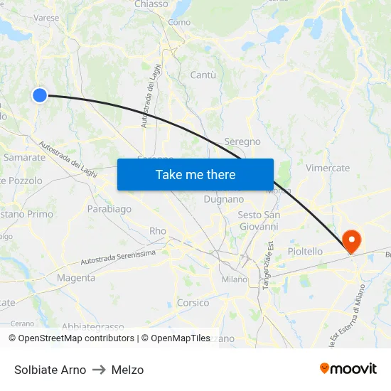 Solbiate Arno to Melzo map