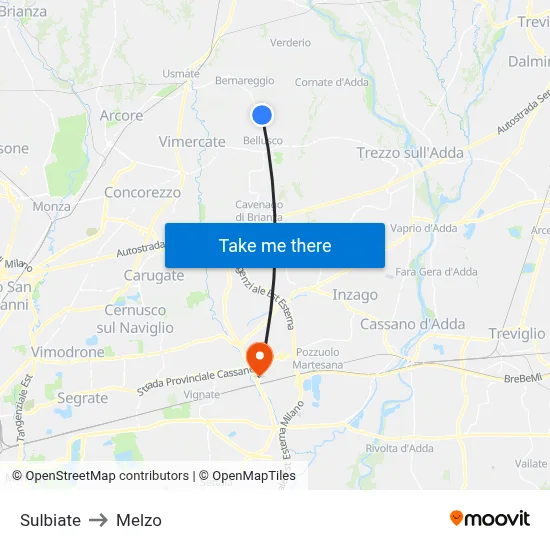 Sulbiate to Melzo map