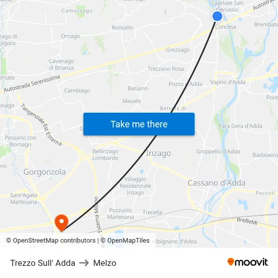 Trezzo Sull' Adda to Melzo map