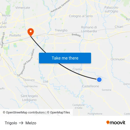Trigolo to Melzo map