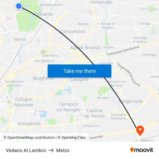 Vedano Al Lambro to Melzo map