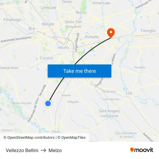 Vellezzo Bellini to Melzo map