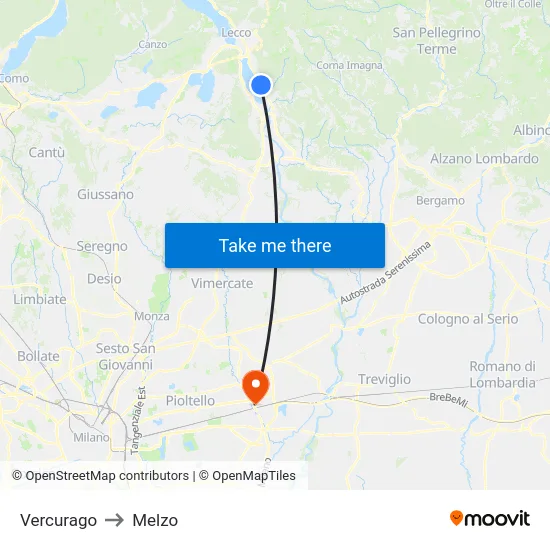Vercurago to Melzo map
