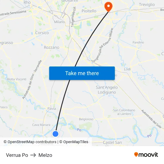 Verrua Po to Melzo map