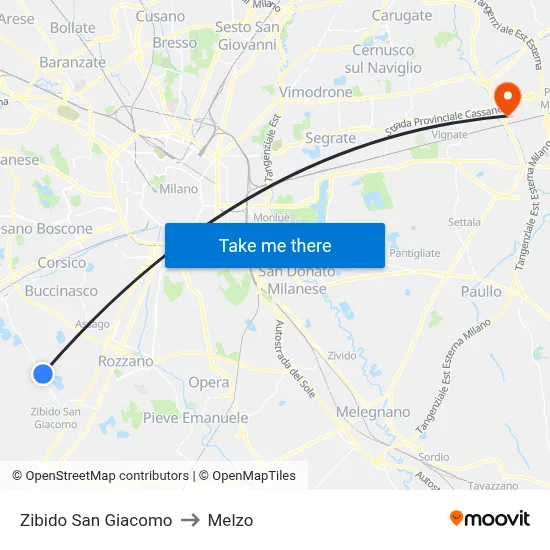 Zibido San Giacomo to Melzo map