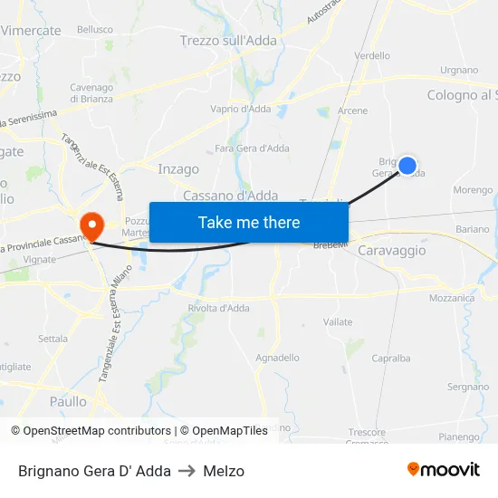 Brignano Gera d'Adda to Melzo map