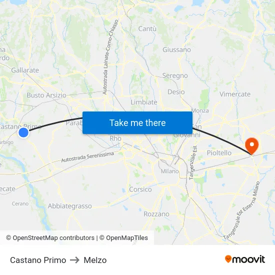 Castano Primo to Melzo map