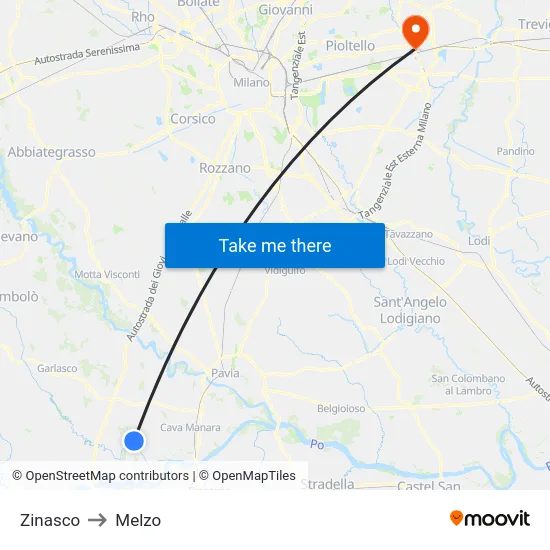 Zinasco to Melzo map