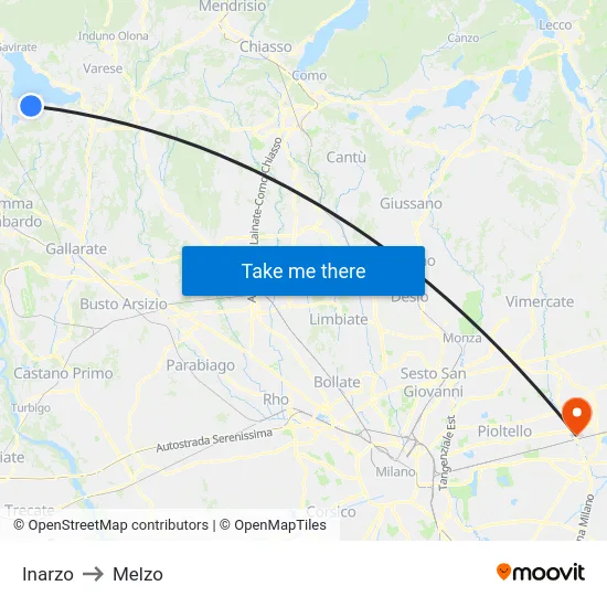 Inarzo to Melzo map