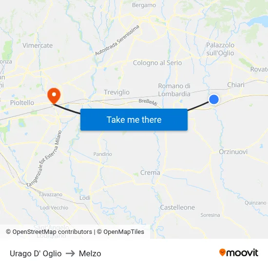 Urago D' Oglio to Melzo map
