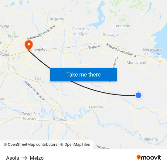 Asola to Melzo map