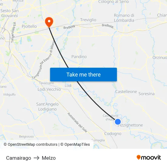 Camairago to Melzo map