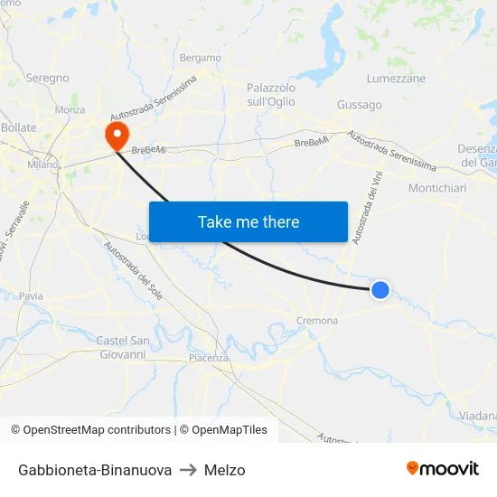 Gabbioneta-Binanuova to Melzo map