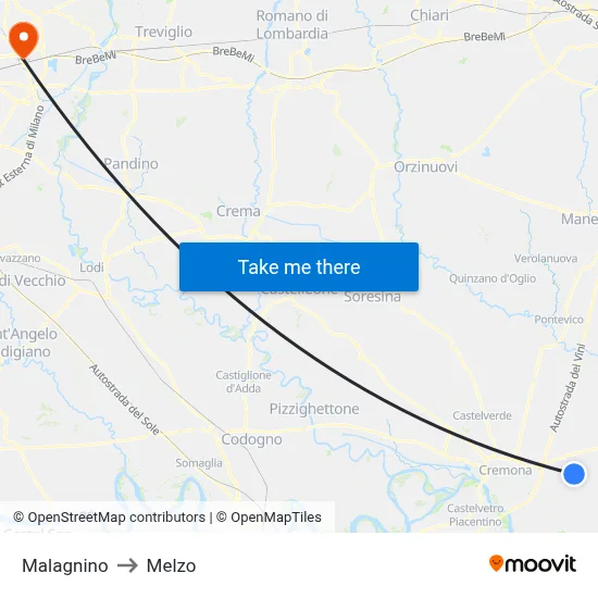Malagnino to Melzo map