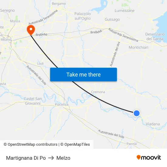 Martignana di Po to Melzo map