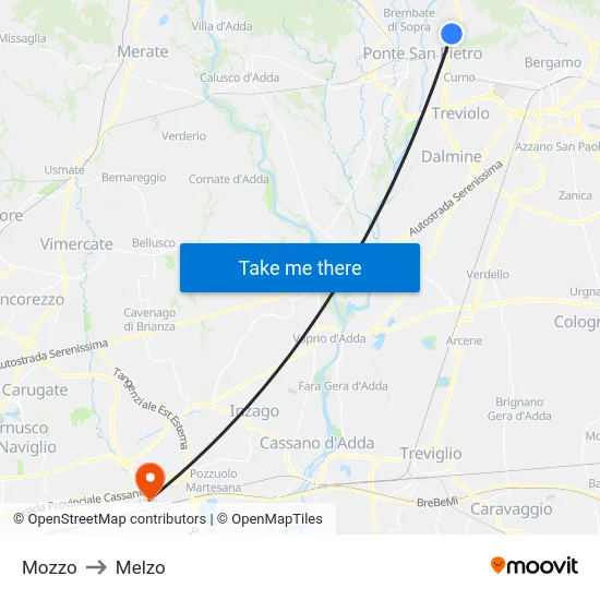 Mozzo to Melzo map