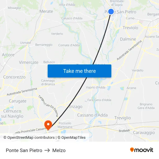 Ponte San Pietro to Melzo map