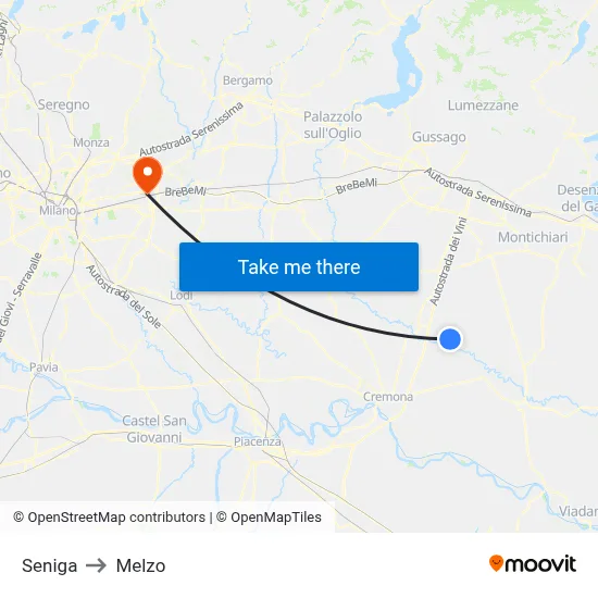 Seniga to Melzo map