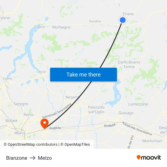 Bianzone to Melzo map