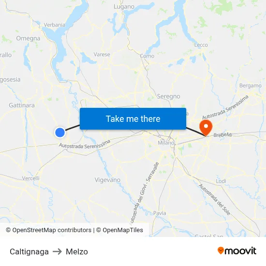 Caltignaga to Melzo map