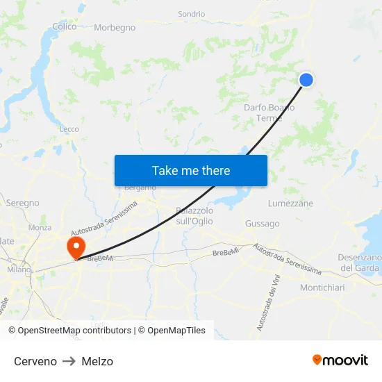 Cerveno to Melzo map