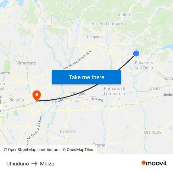 Chiuduno to Melzo map