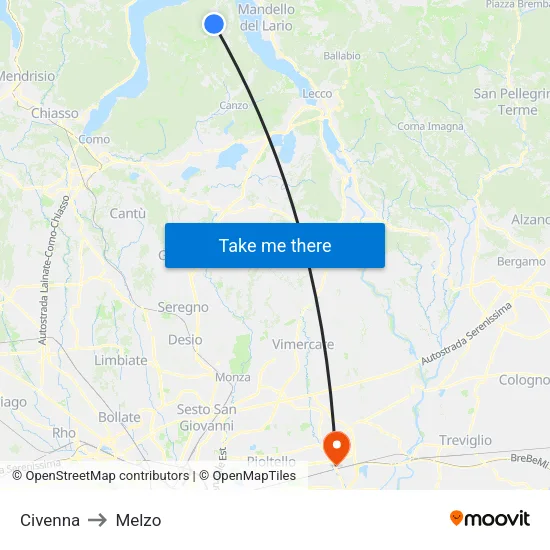 Civenna to Melzo map