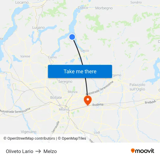 Oliveto Lario to Melzo map